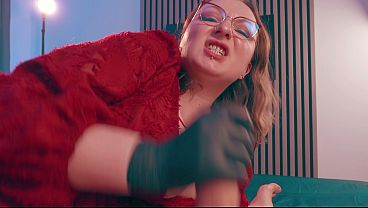 A nasty MILF Mistress fucks her slave while covering his mouth with a black glove, and then milks everything she wants out of him